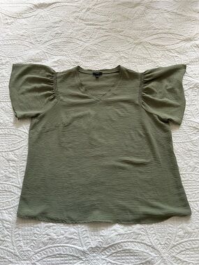 Haver Olive Green V-Neck Flare Sleeve Blouse Casual Chic Top